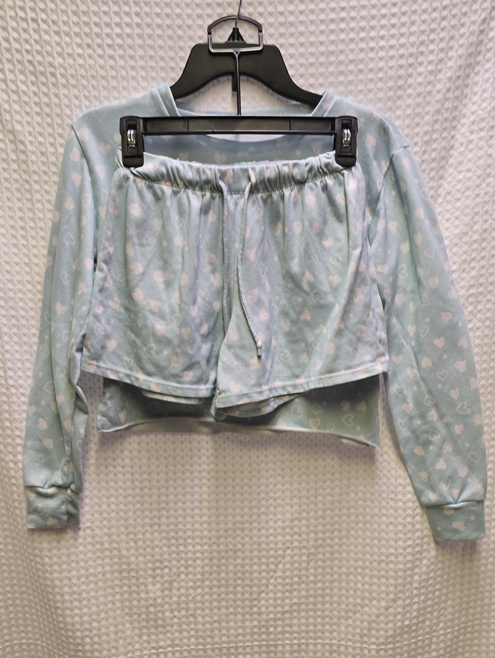 Soft Blue Heart Print Pajama/Lounge Set - Crop Sweatshirt & Shorts - Small